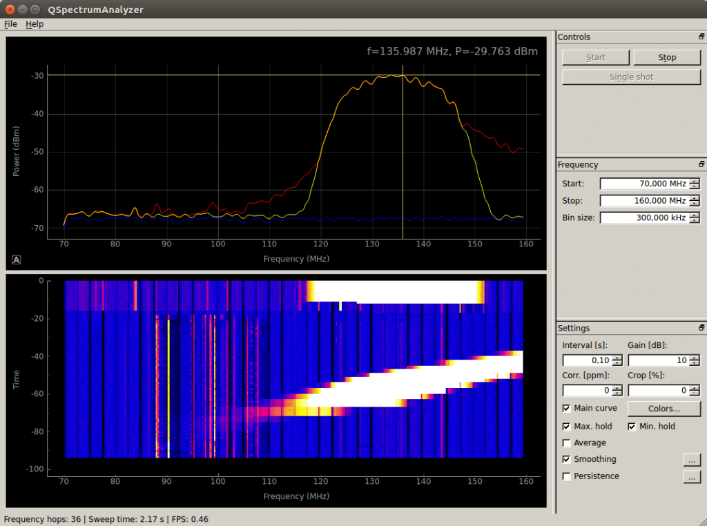 And here is the baseline centered at 134MHz. This is without any filter (just HackRF to the RTLSDR output)